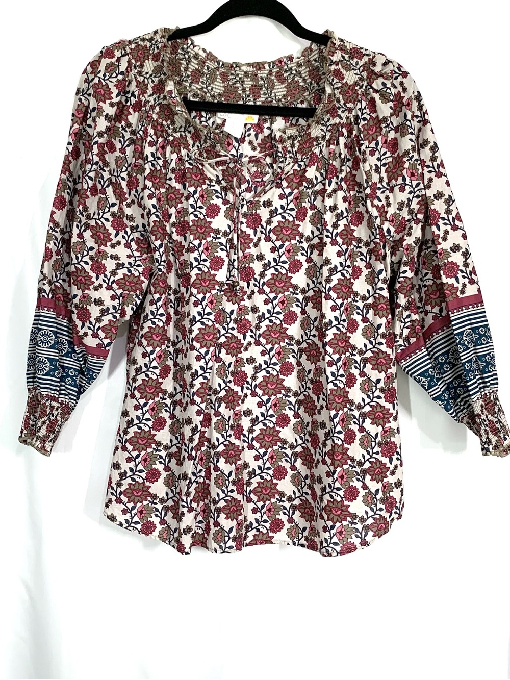 C&C California Pink Floral Smocked Neck Peasant Tunic with Blue Trim